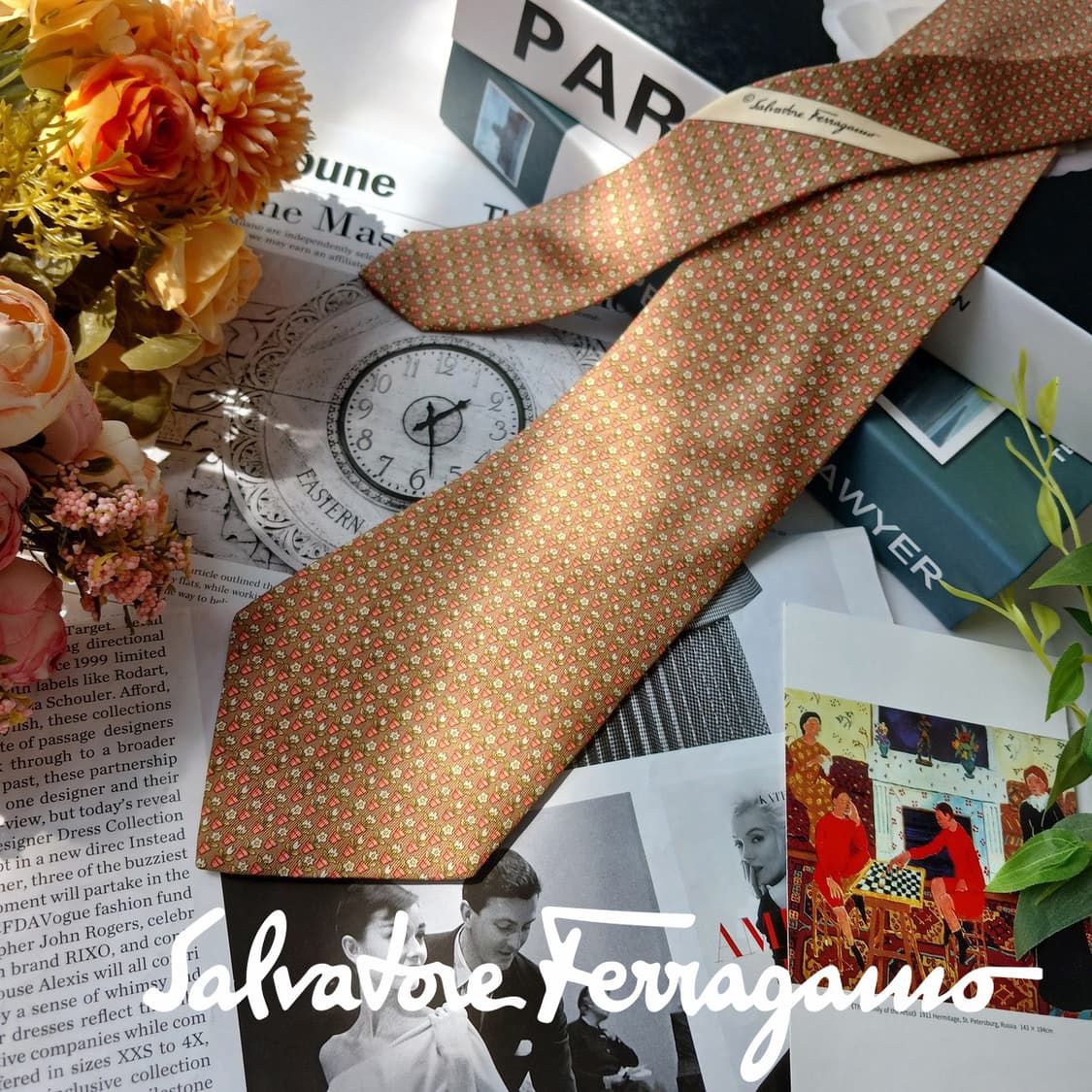 살바토레 페라가모 브라운 화분 패턴 넥타이 9.5cm A등급 E890 상품이미지2