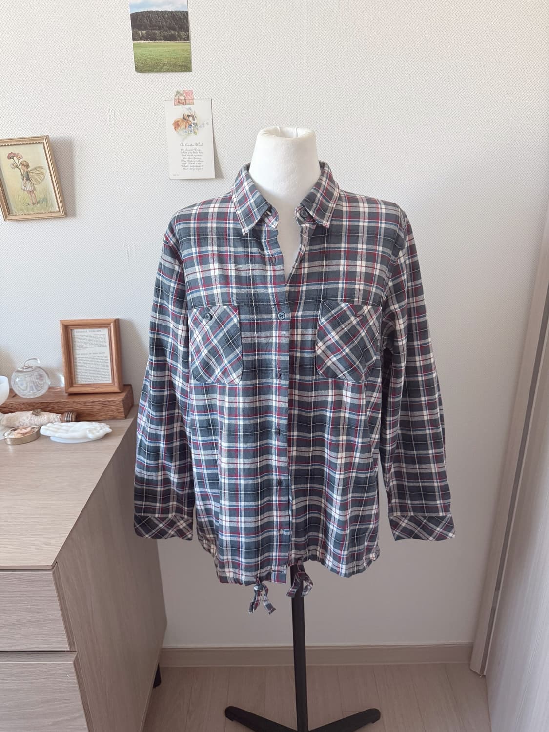 밑단 스트링 체크셔츠 상품이미지1