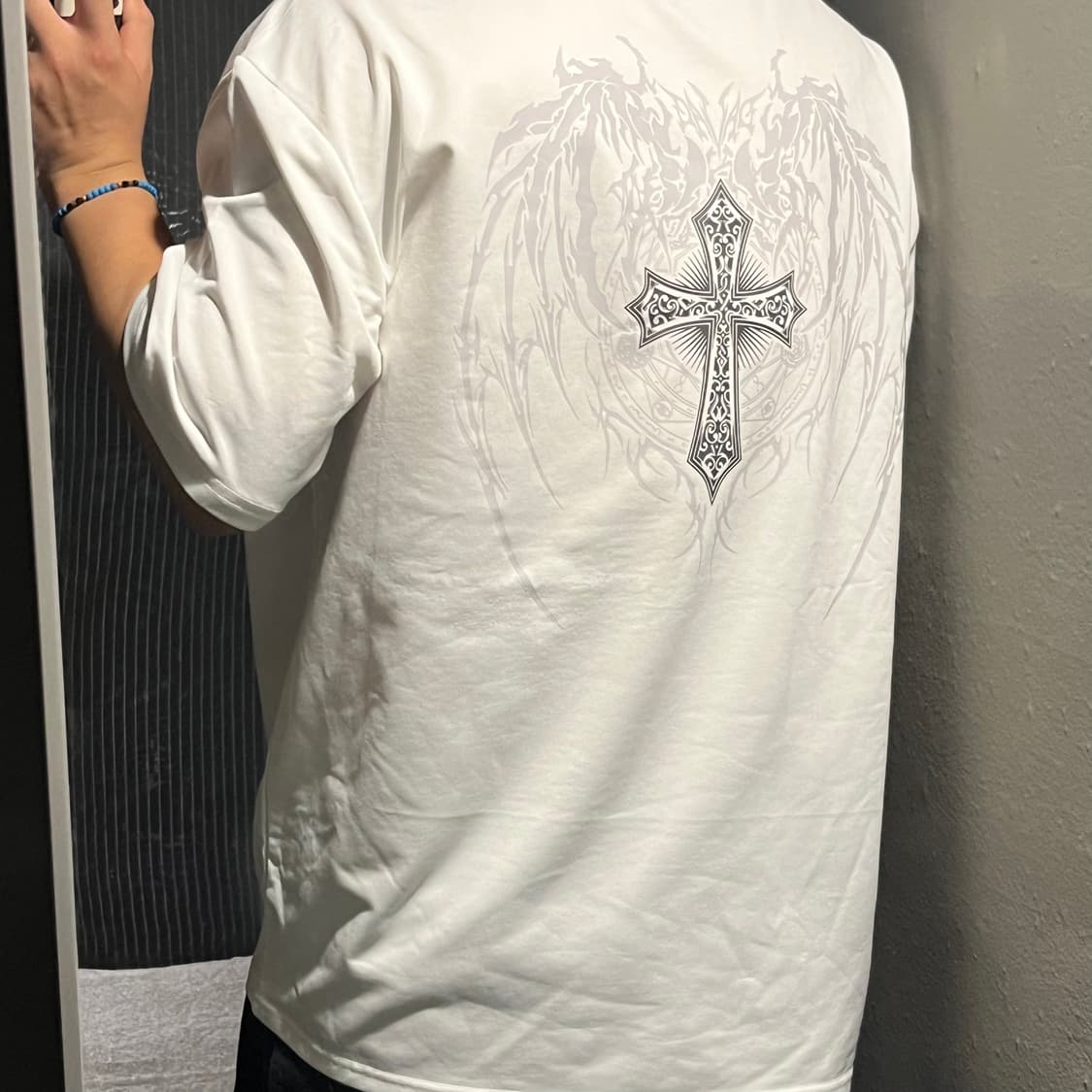 빈티지 화이트 십자가 날개 크로스 펑크 락시크 반팔 티셔츠 L-XL 상품이미지2