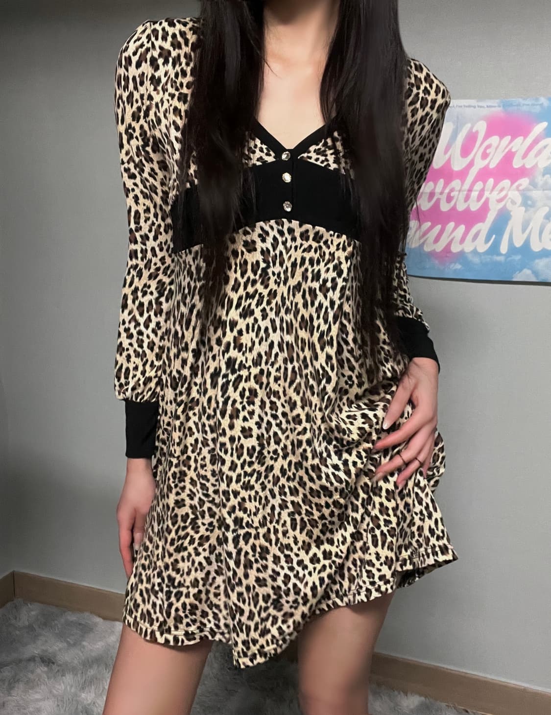 갸루 호피 레오파드 실크 원피스 상품이미지5