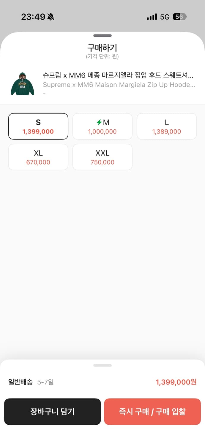 슈프림 x MM6 메종 마르지엘라 집업 후드 스웨트셔츠 그린 상품이미지4