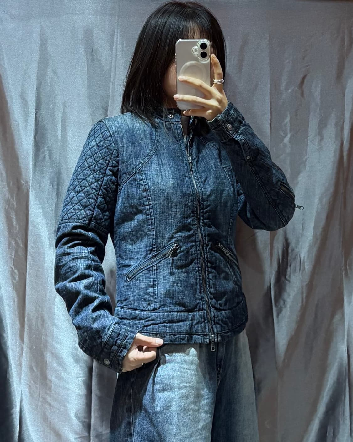 M 데님 절개 패디드 우먼스 바이커 자켓 상품이미지1