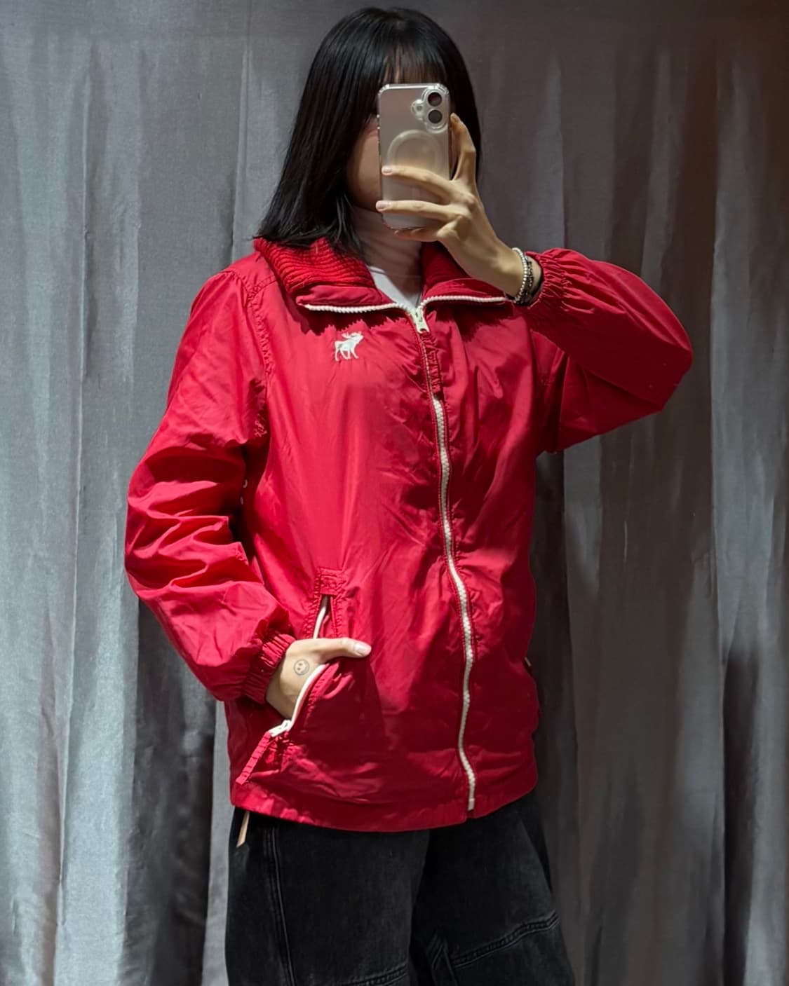 XL 아베크롬비 사슴로고 핑크레드 나일론 자켓 상품이미지1