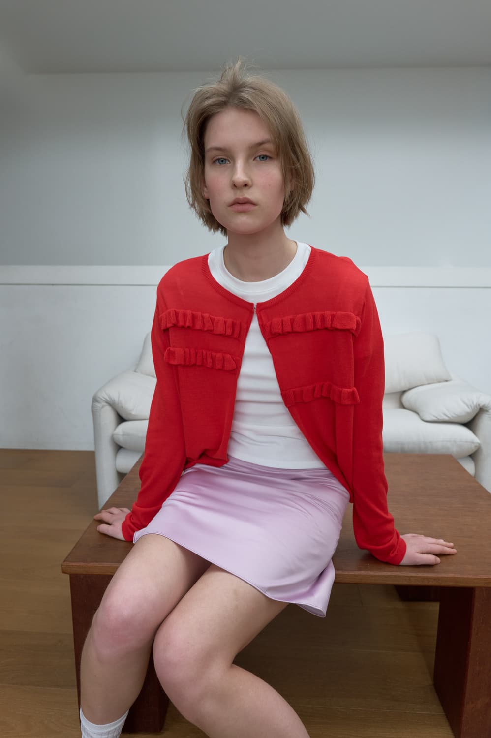 (새상품) 마조네 sheer frill 가디건 레드 상품이미지1