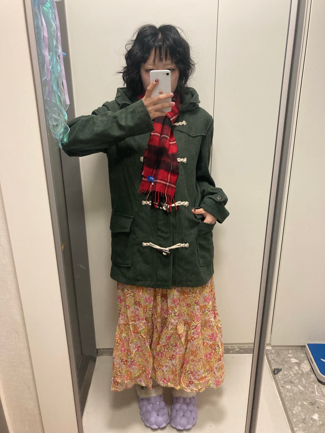 하구미룩 모리걸 아무깔 펑크 타탄체크 말차 떡코 잔꽃 롱스커트 목도리  상품이미지1