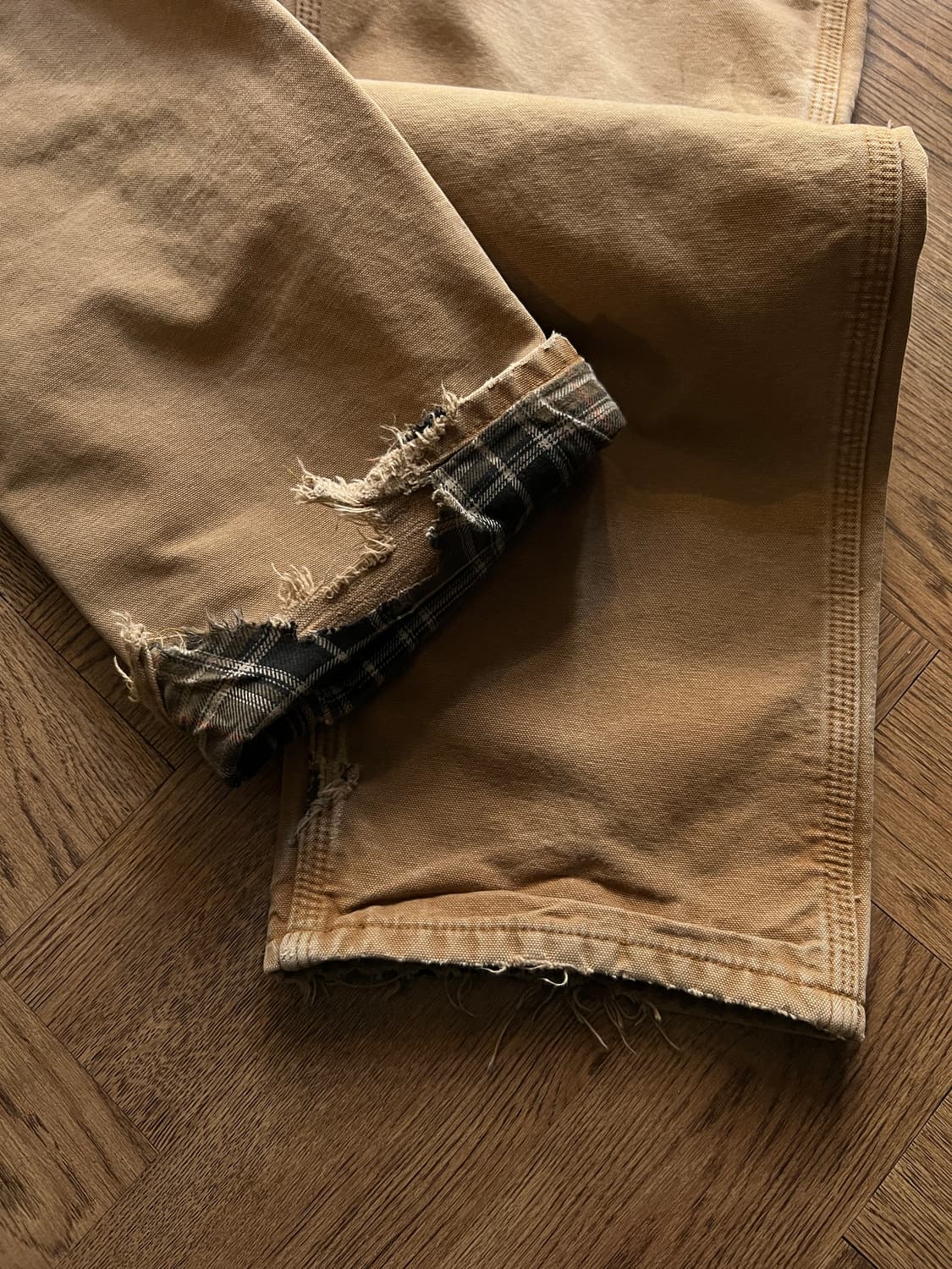 [32]칼하트 USA 체크 라이닝 더티워싱 브라운 싱글니 카펜터 워크팬츠 상품이미지5