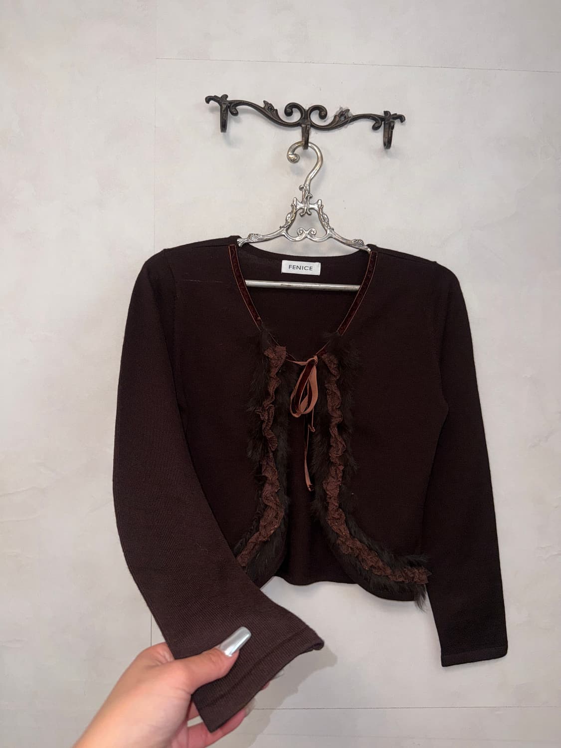 Brown rabbit fur trimming wool cardigan 상품이미지2
