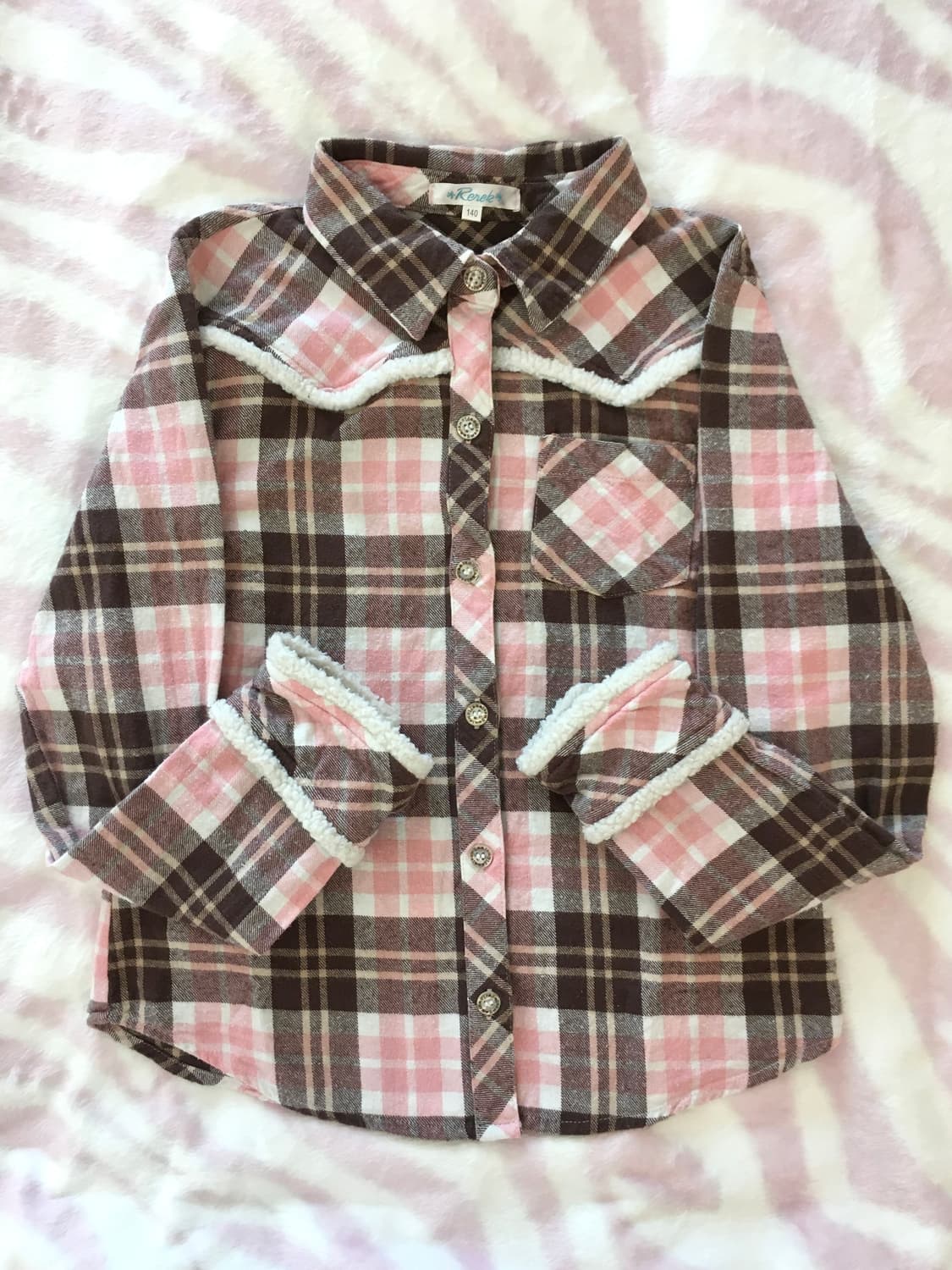 딸기초코 깅엄체크 퍼 셔츠 라떼갸루 모리걸 상품이미지1