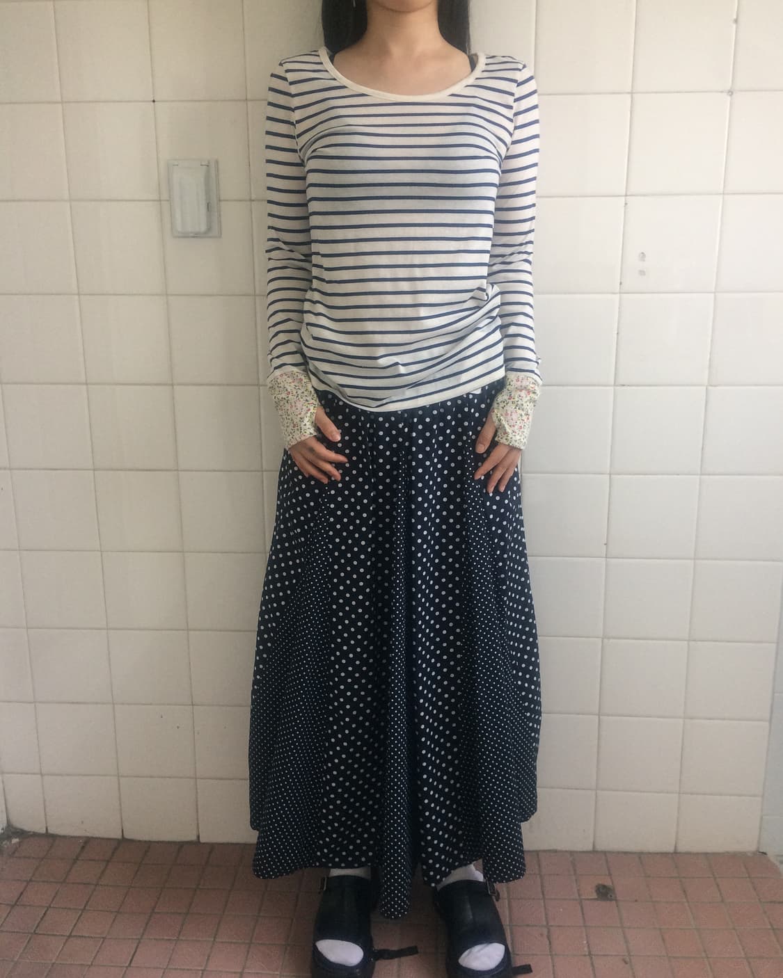 Dot pattern mixed long skirt 상품이미지6