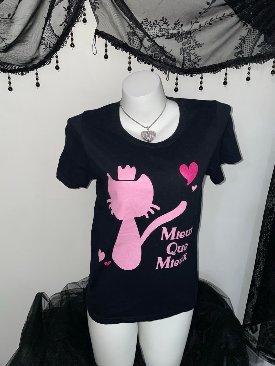 갸루 핑크 고양이 하트 반팔티 상품이미지1