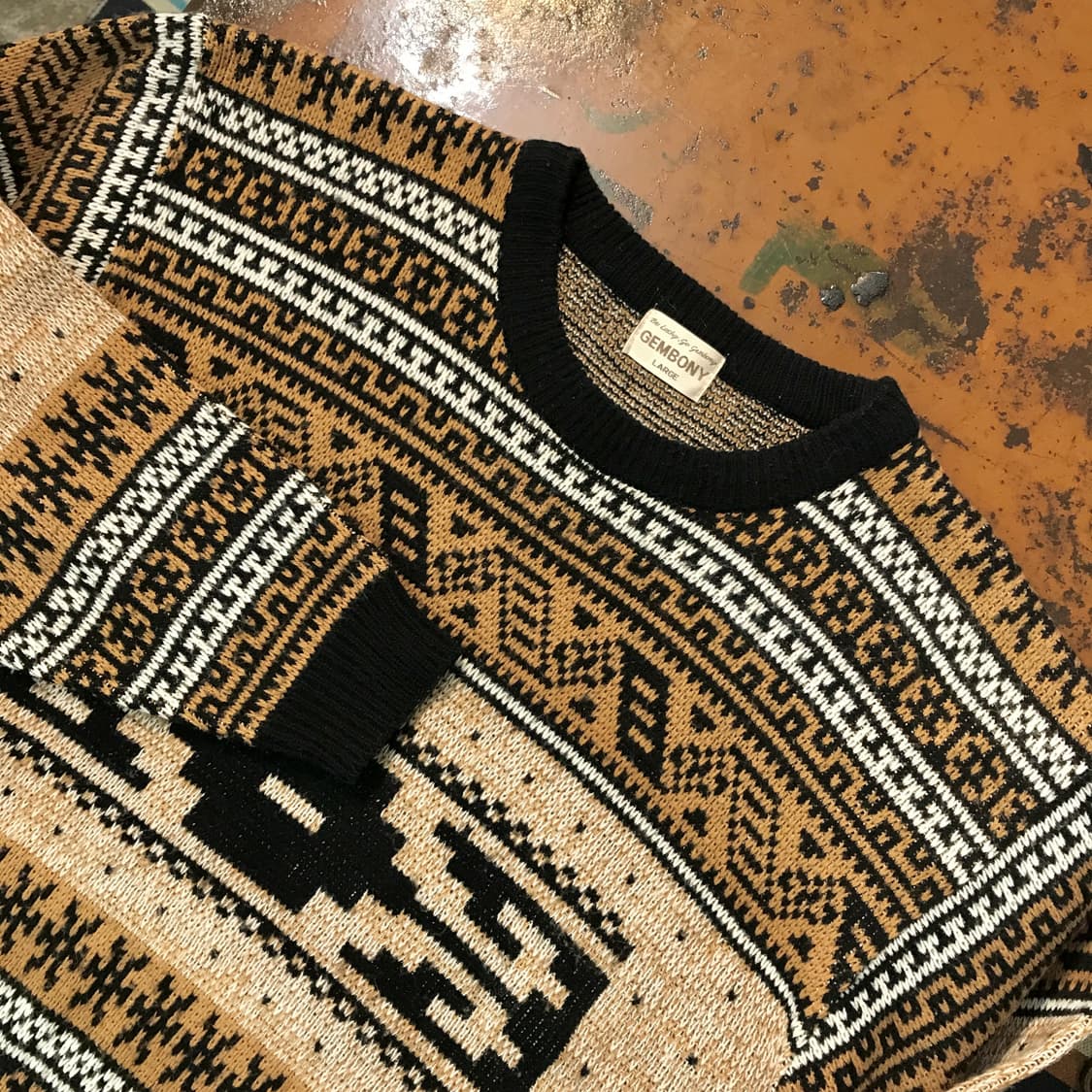 Japan vtg 인디안 패턴 블랙 브라운 니트 남성 105 사이즈 상품이미지3