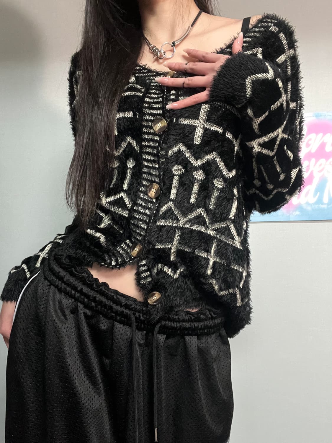 고딕 락 펑크 십자가 퍼 블랙 가디건 상품이미지2