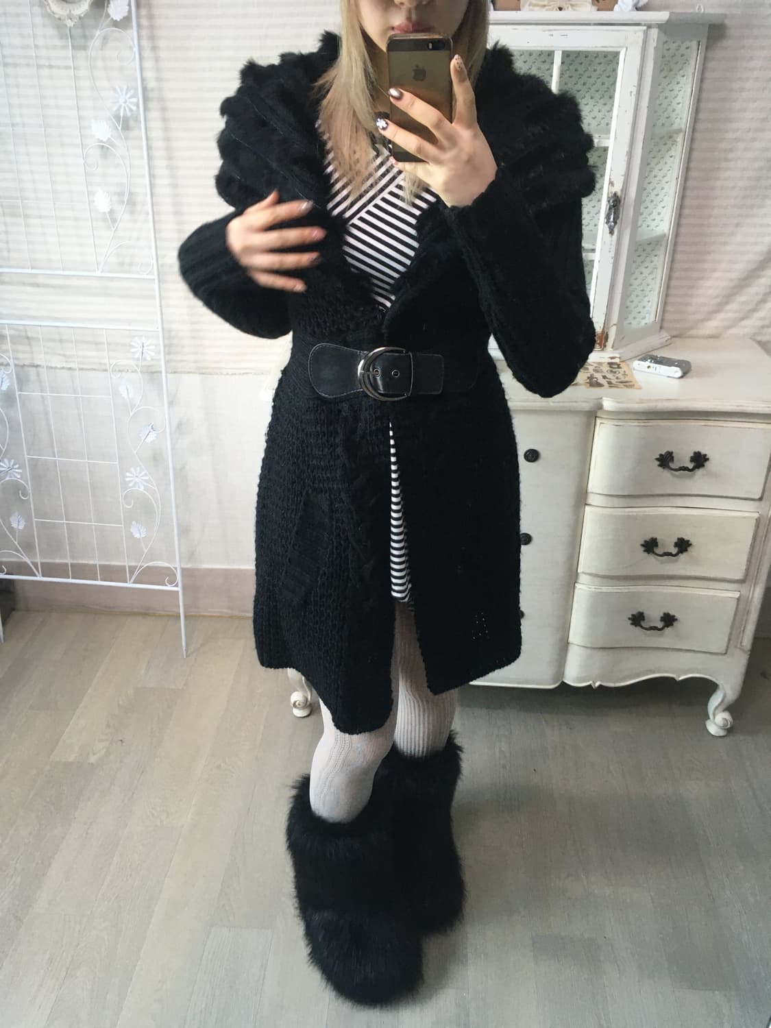 일본빈티지 블랙 퍼 카라 벨티드 가디건 상품이미지4