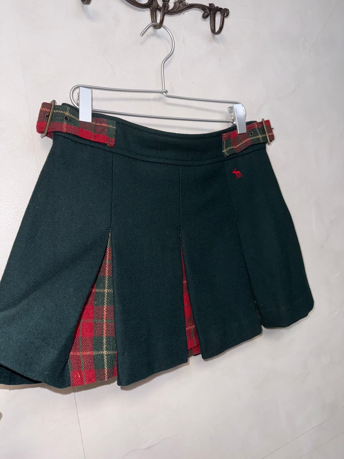 Deep green check buckle wool pleats sk 상품이미지2