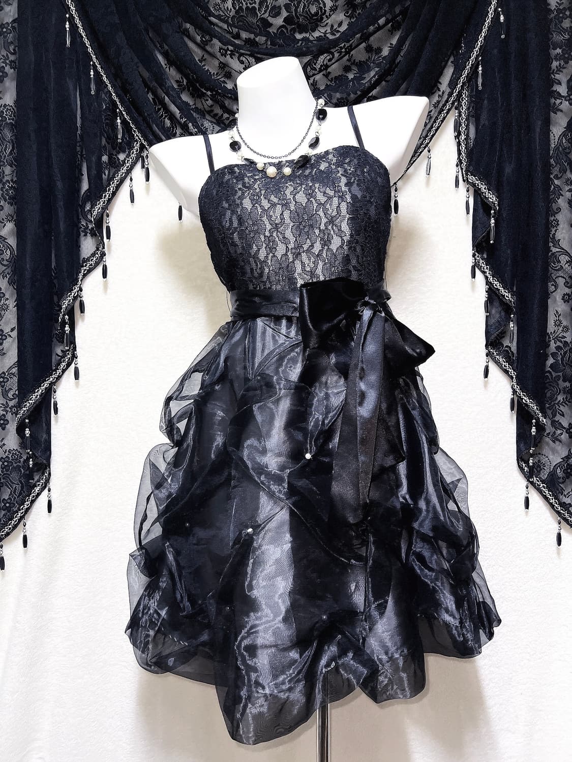 로맨틱고딕 고스로리 히메 블랙 레이스 리본 미니드레스 원피스 파티 핀터 상품이미지6