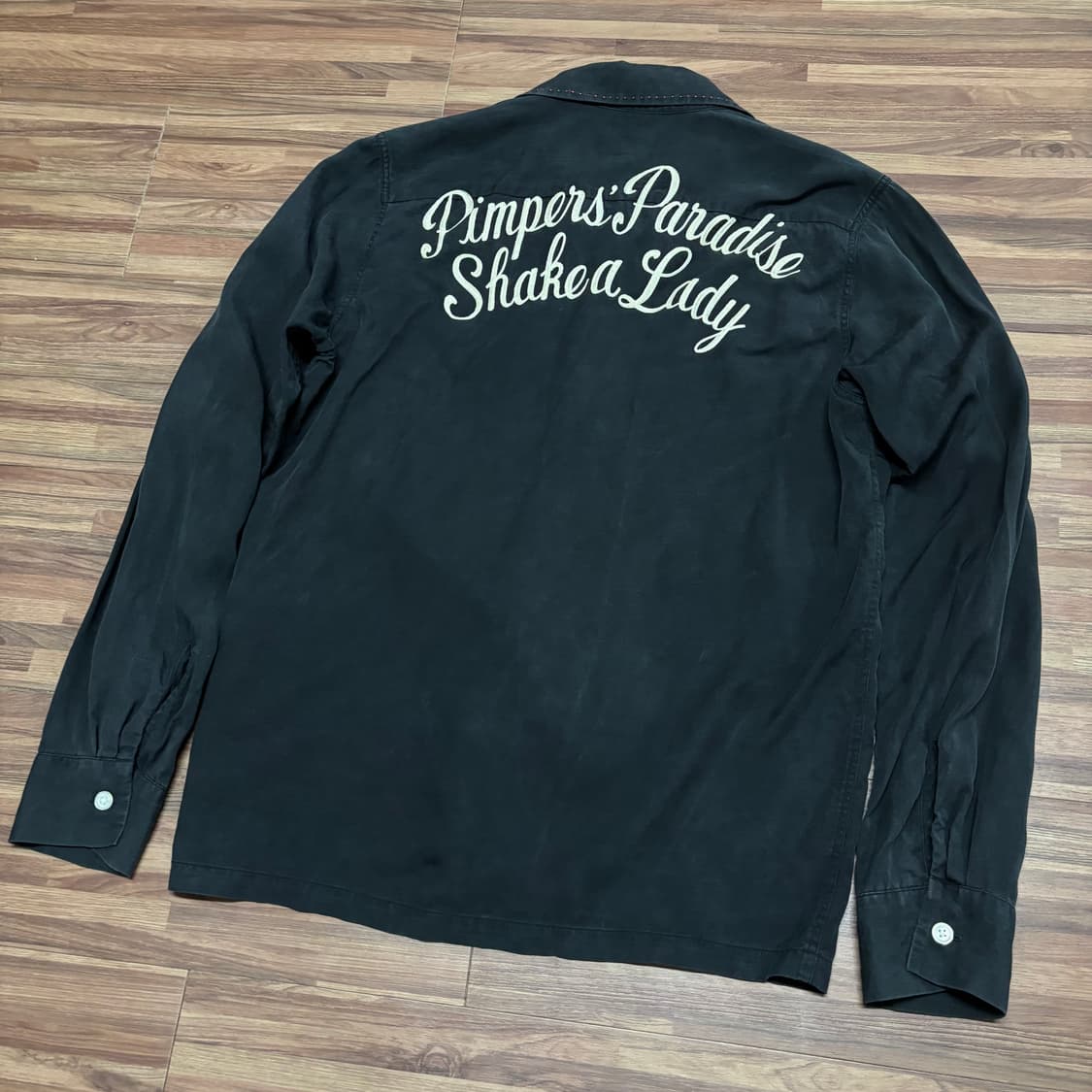 와코마리아 오픈 카라 체인 자수 블랙 볼링 셔츠 셔켓 상품이미지3