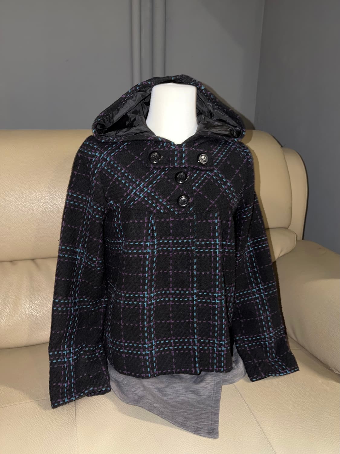 stitch check pattern hood coat 상품이미지1