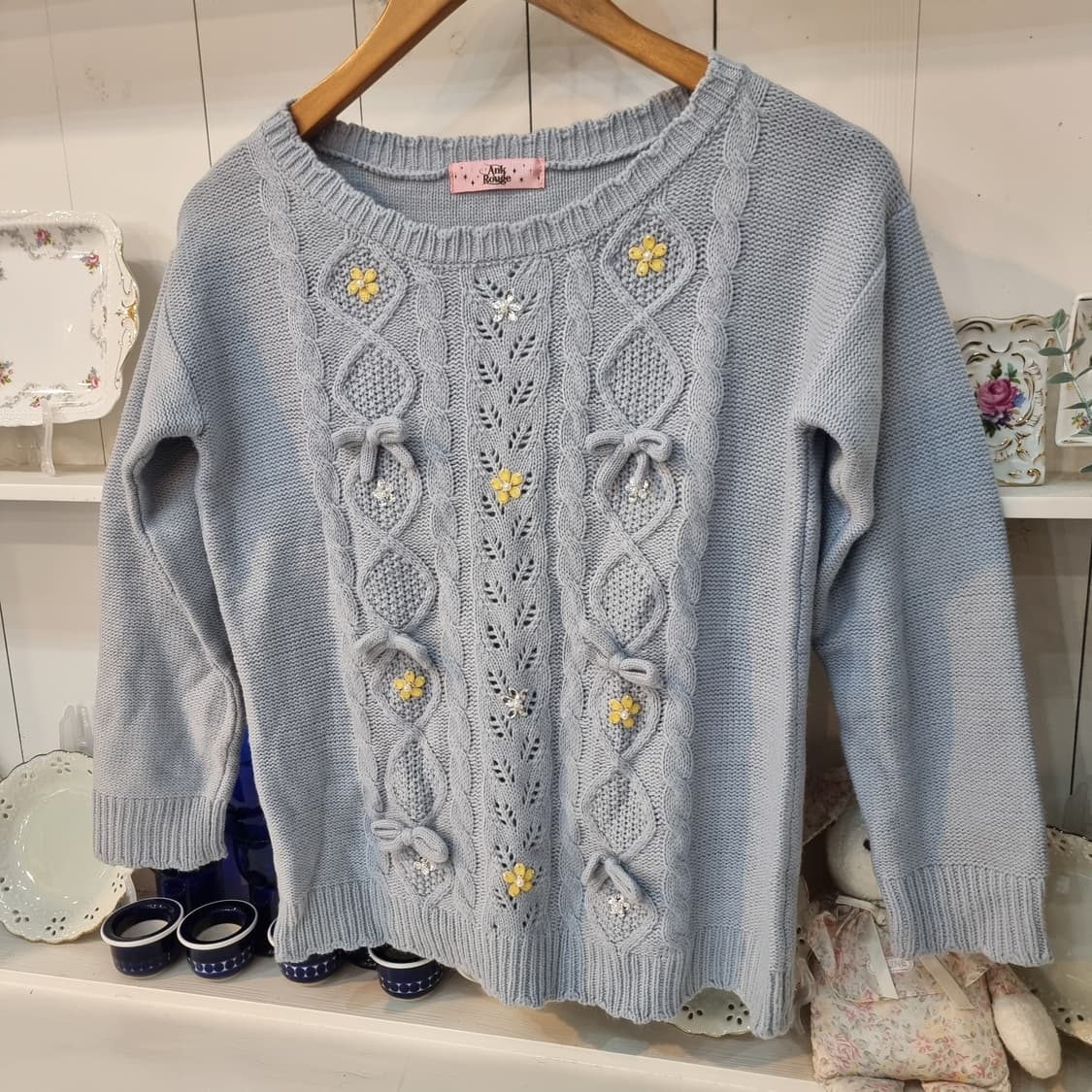 Ank Rouge 앙크루즈플라워 비즈 리본 꽈배기 니트 상품이미지4