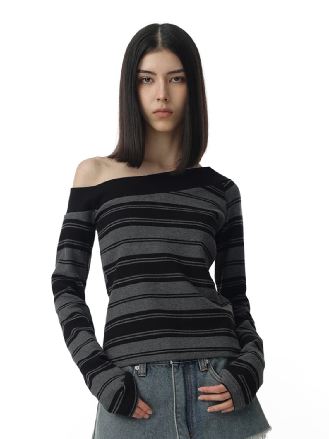 밀로우먼 원숄더 스트라이프 티셔츠 (차콜그레이) 상품이미지1