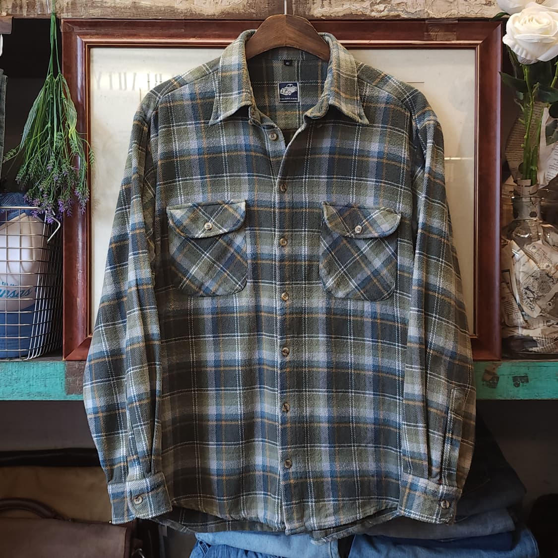 90s 아메리칸 빈티지 체크셔츠 헤비 플란넬 워크셔츠 그린 체크  41 상품이미지1