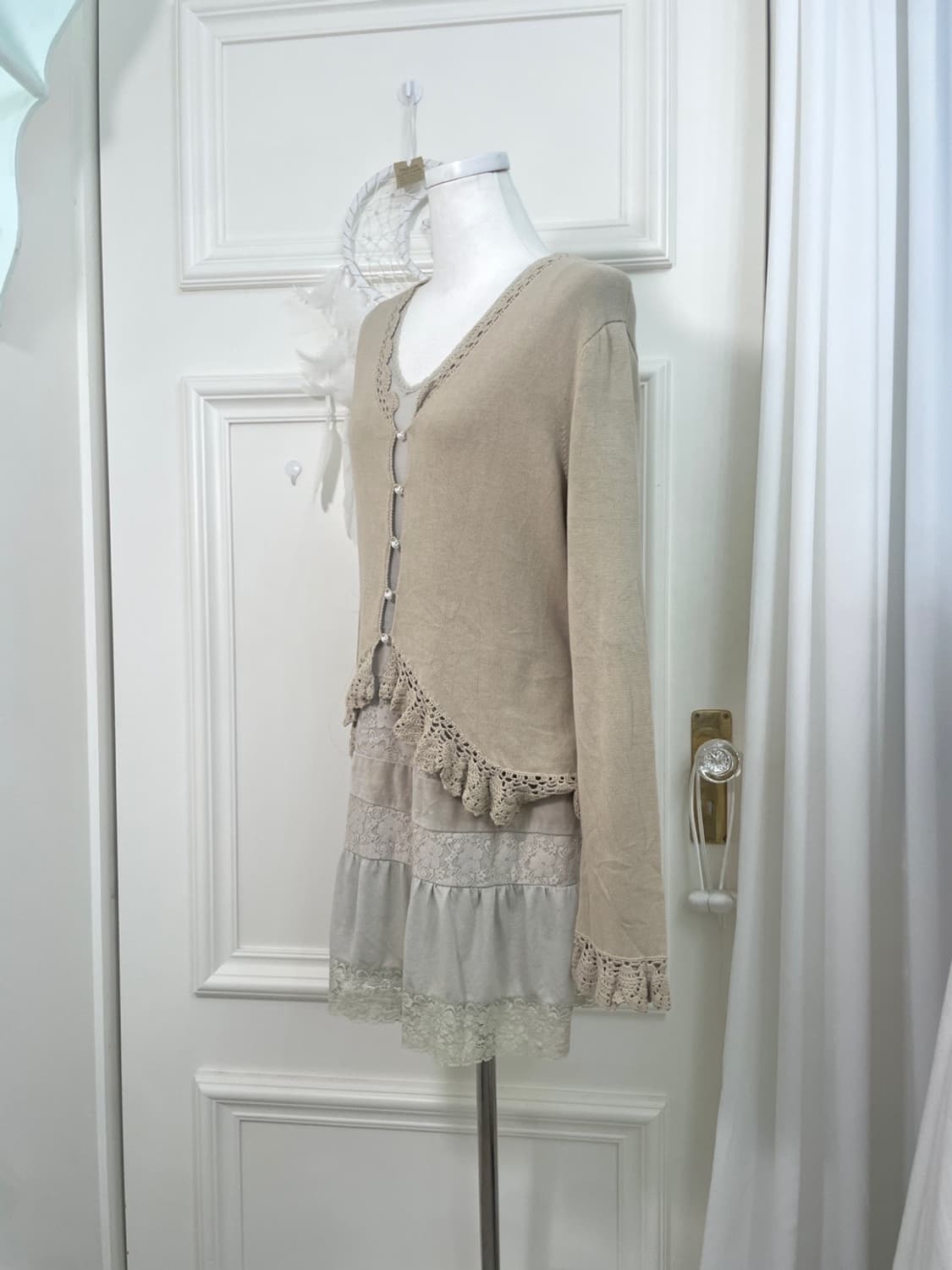 khaki crochet point pearl button cardiga 상품이미지2