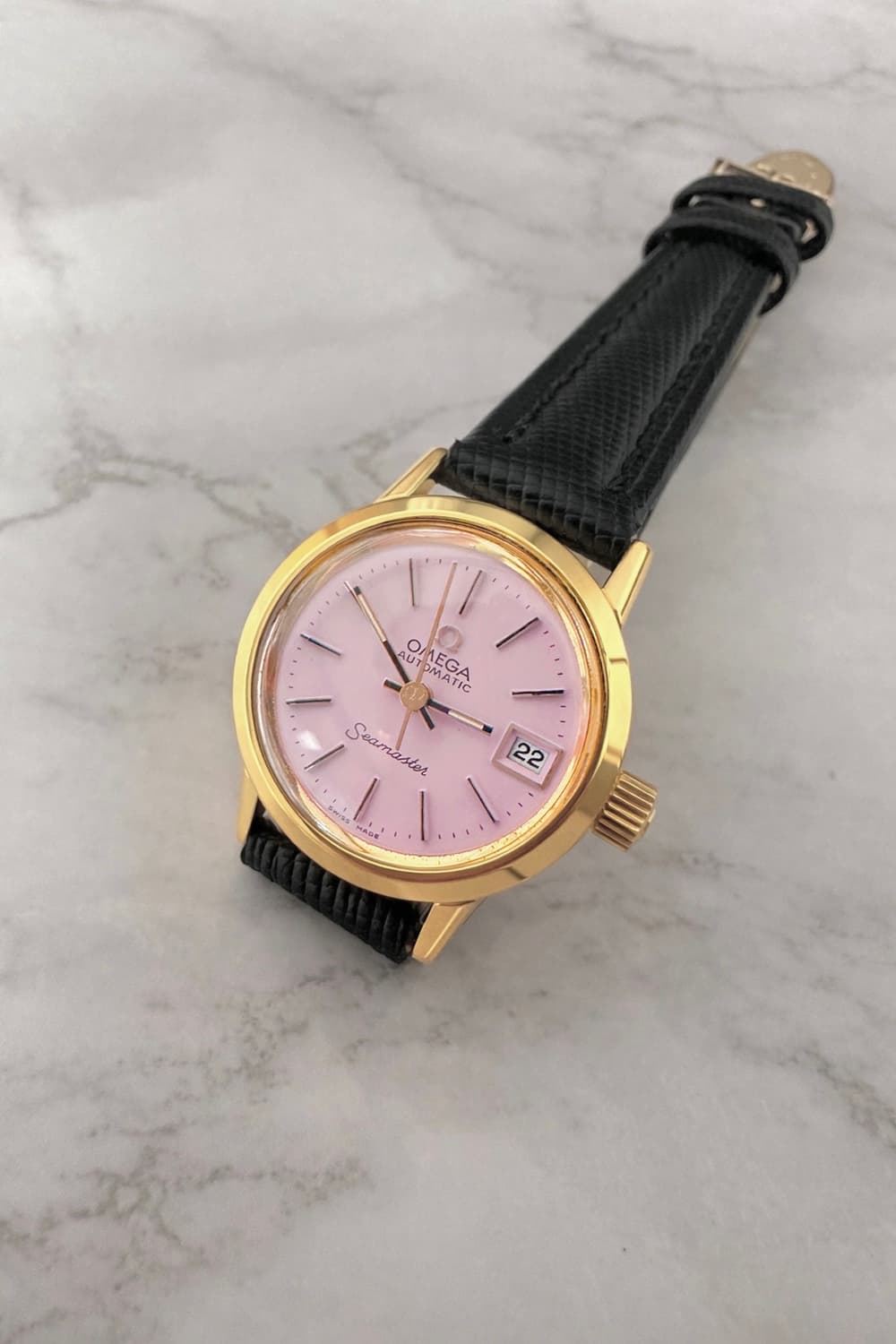 오메가 자동 씨마스터 핑크 여자 금장 시계 상품이미지4