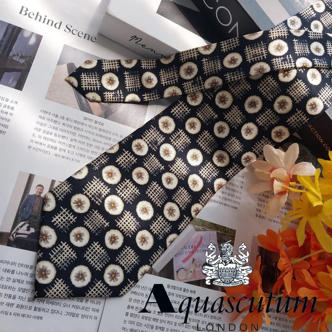 아쿠아스큐텀 블랙 원형 기하 자카드 넥타이 9.9cm A등급 K2922 상품이미지2