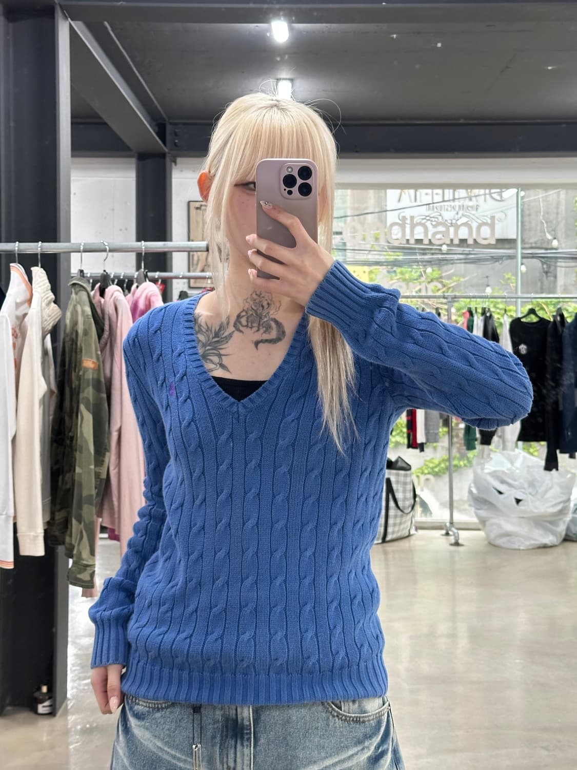 폴로 랄프로렌 브이넥 케이블 꽈배기 블루 니트 상품이미지1