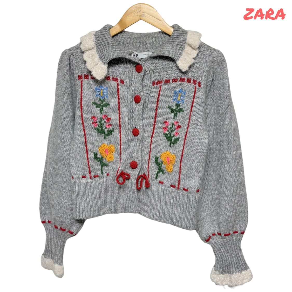 3764 자라 그레이 레이스 퍼프 자수 니트가디건 상품이미지1