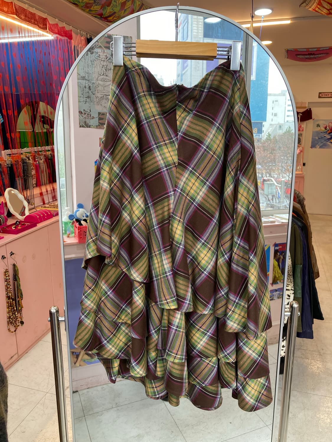 브라운 체크 언발란스 롱스커트 상품이미지6