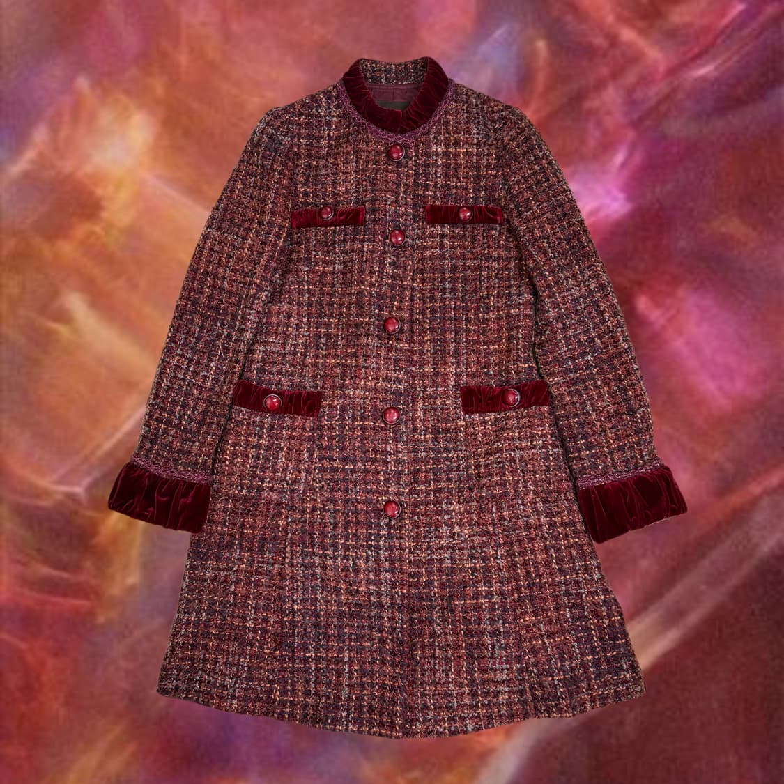 빈티지 다크레드벨벳 포인트 트위드 롱자켓/코트 상품이미지1