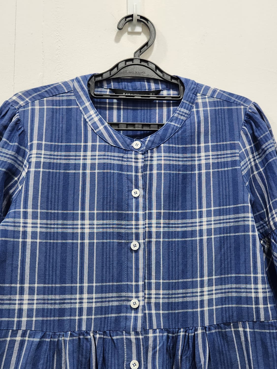 [S] 자라 린넨 블루 체크 롱원피스 벌룬 소매 상품이미지3