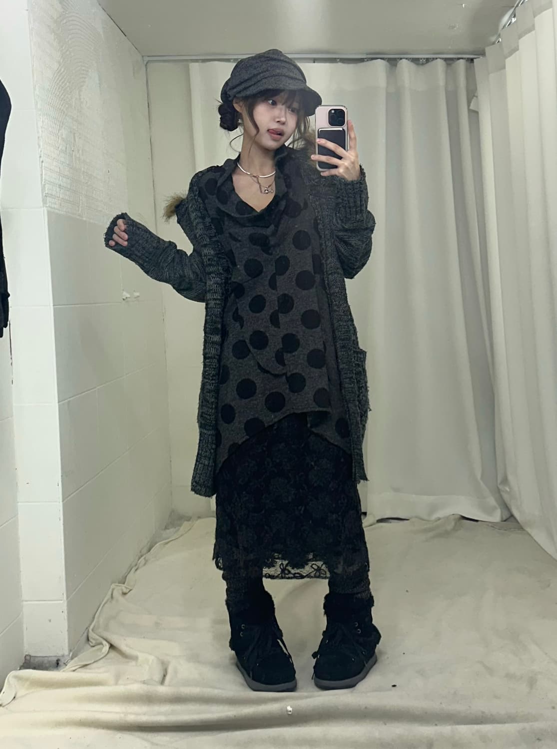 무채색 니혼진 도트 더블버튼 코트 코디세트 상품이미지3