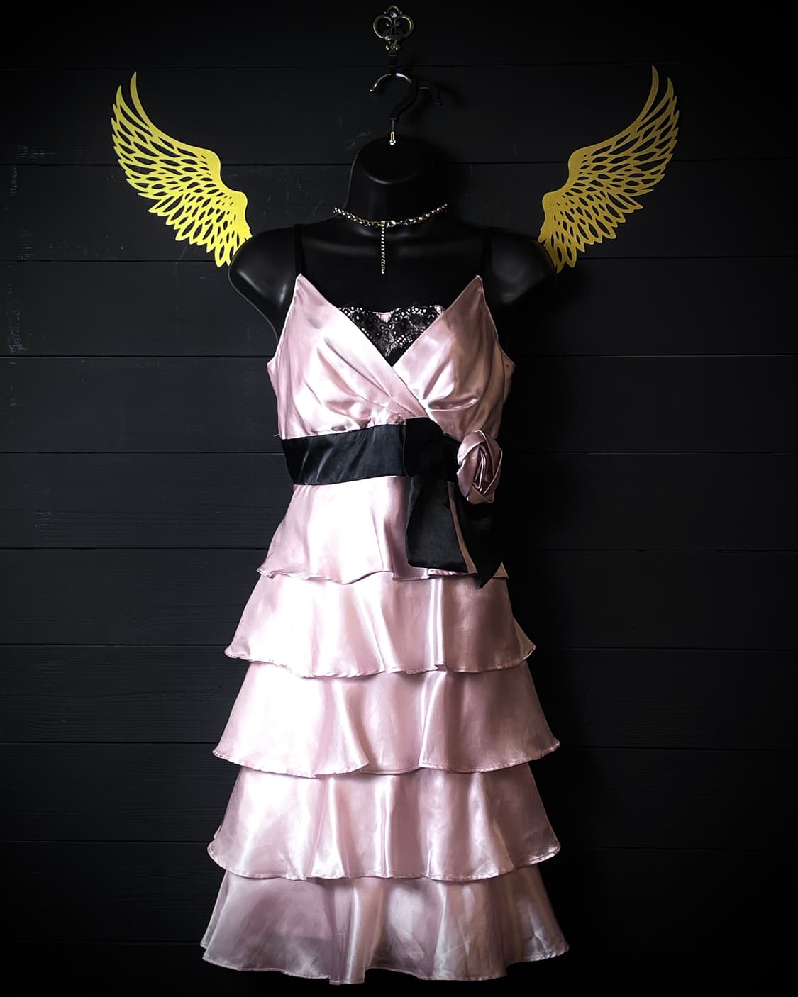 JPN 갸루 꽃 리본 장미 플라워 실크 레이어드 핑크 골드 슬립 원피스 상품이미지1