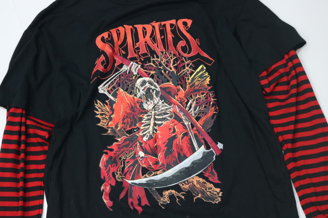 펑크룩 스컬 사신 프린팅 레드 스트라이프 레이어드 긴팔티 상품이미지3