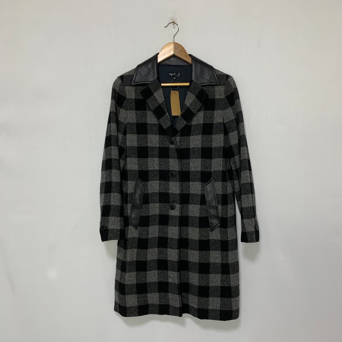 아네스베 빈티지 레더 배색 체크 롱코트 36사이즈 상품이미지1