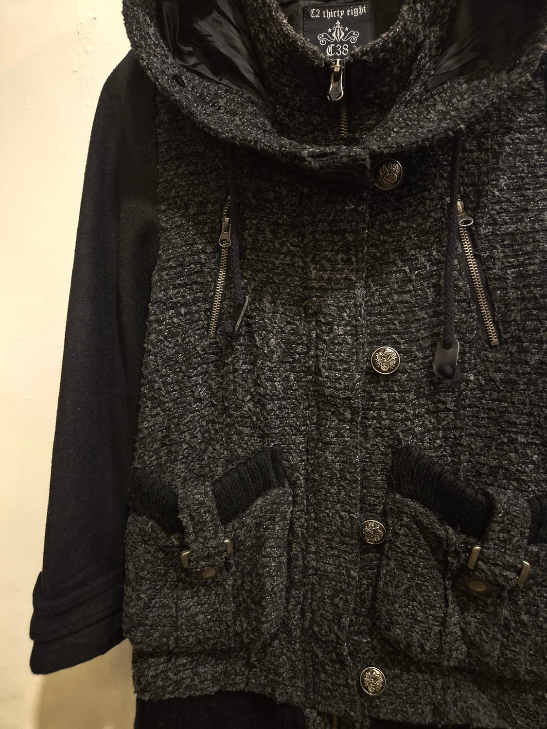 그레이 텍스쳐 음각 버튼 후드 집업 자켓 y2k 갸루 펑크 상품이미지3