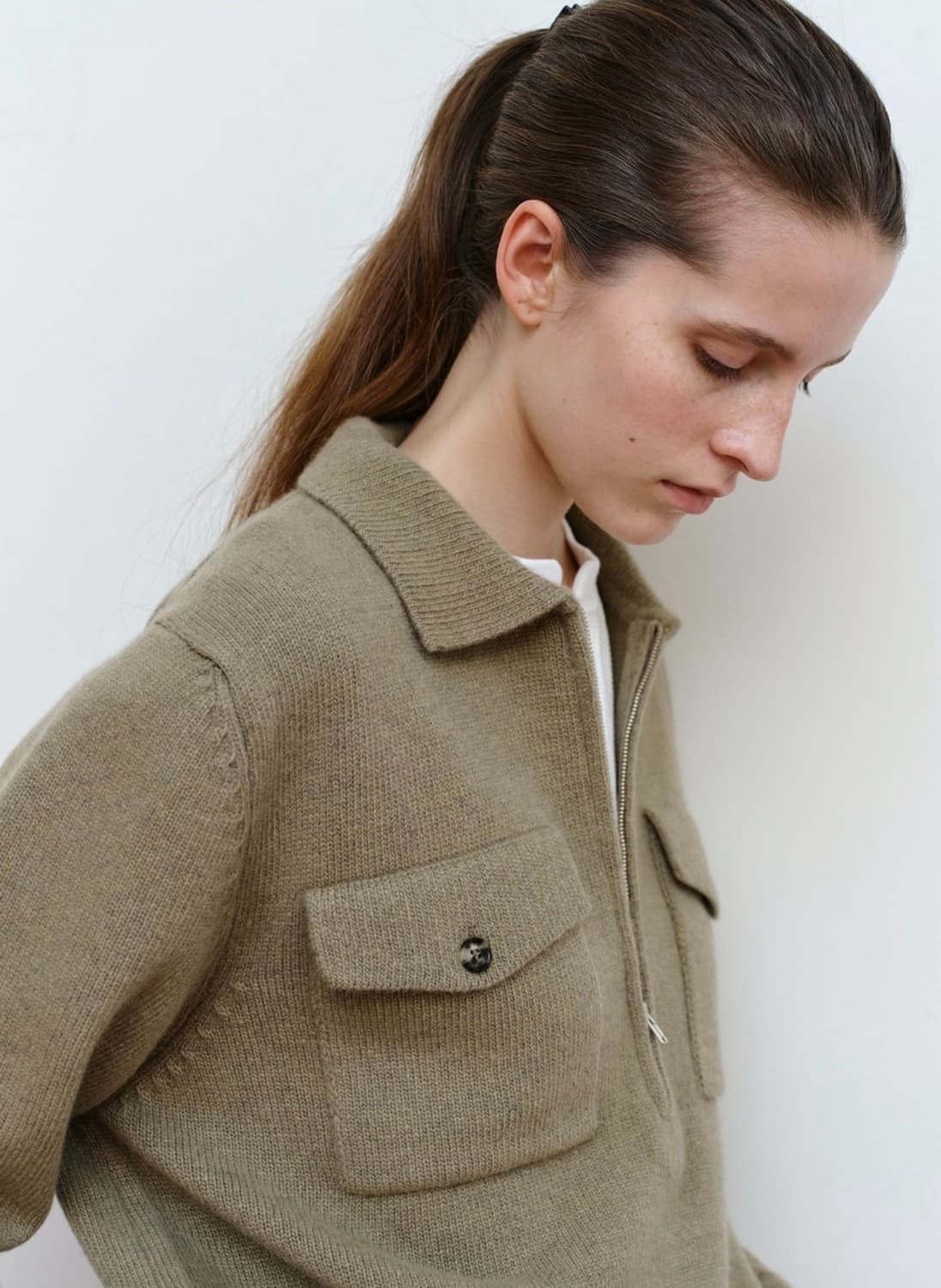 문달 포켓 카라 니트 카키 F 상품이미지2