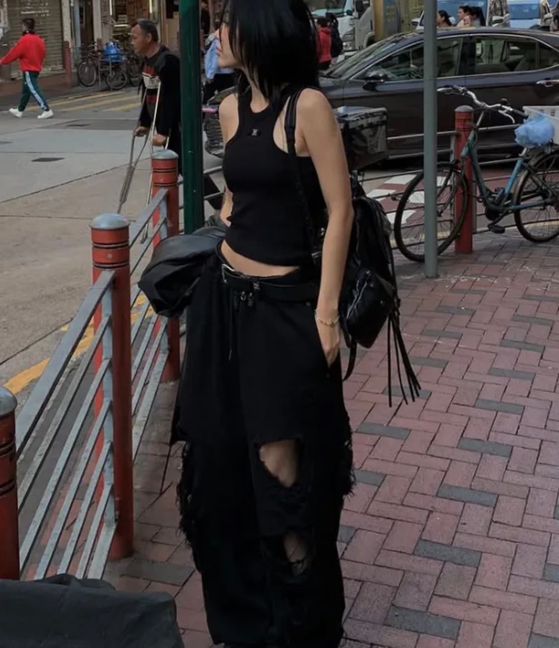 트리밍버드 스크래치 데미지 와이드 스웻 팬츠 블랙 상품이미지3