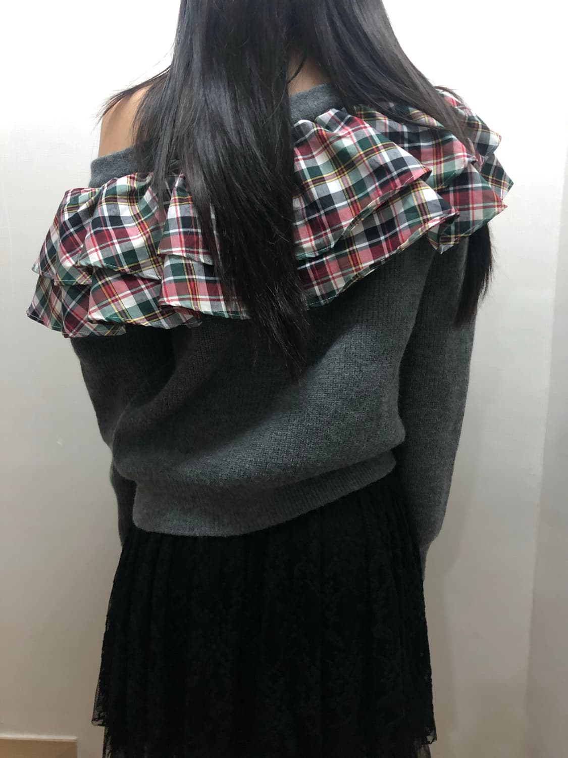 빈티지 그레이 체크 프릴 레이어드 가디건 상품이미지7