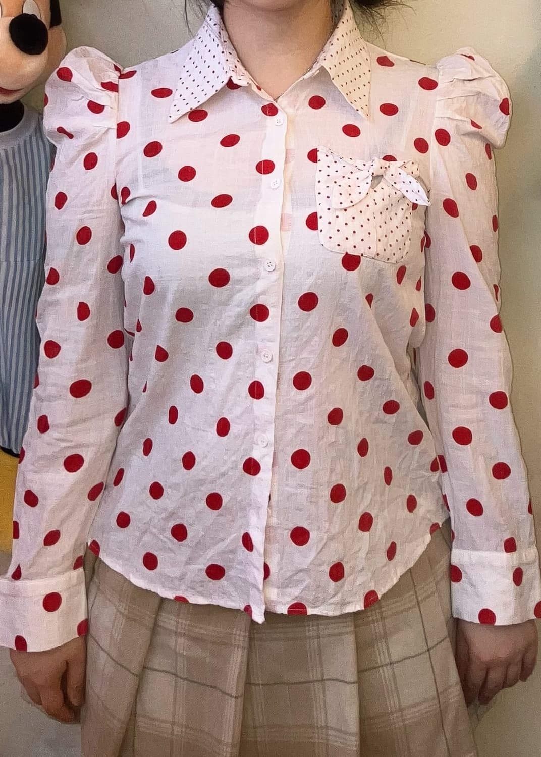 jpn 레드 도트 리본 블라우스 상품이미지1