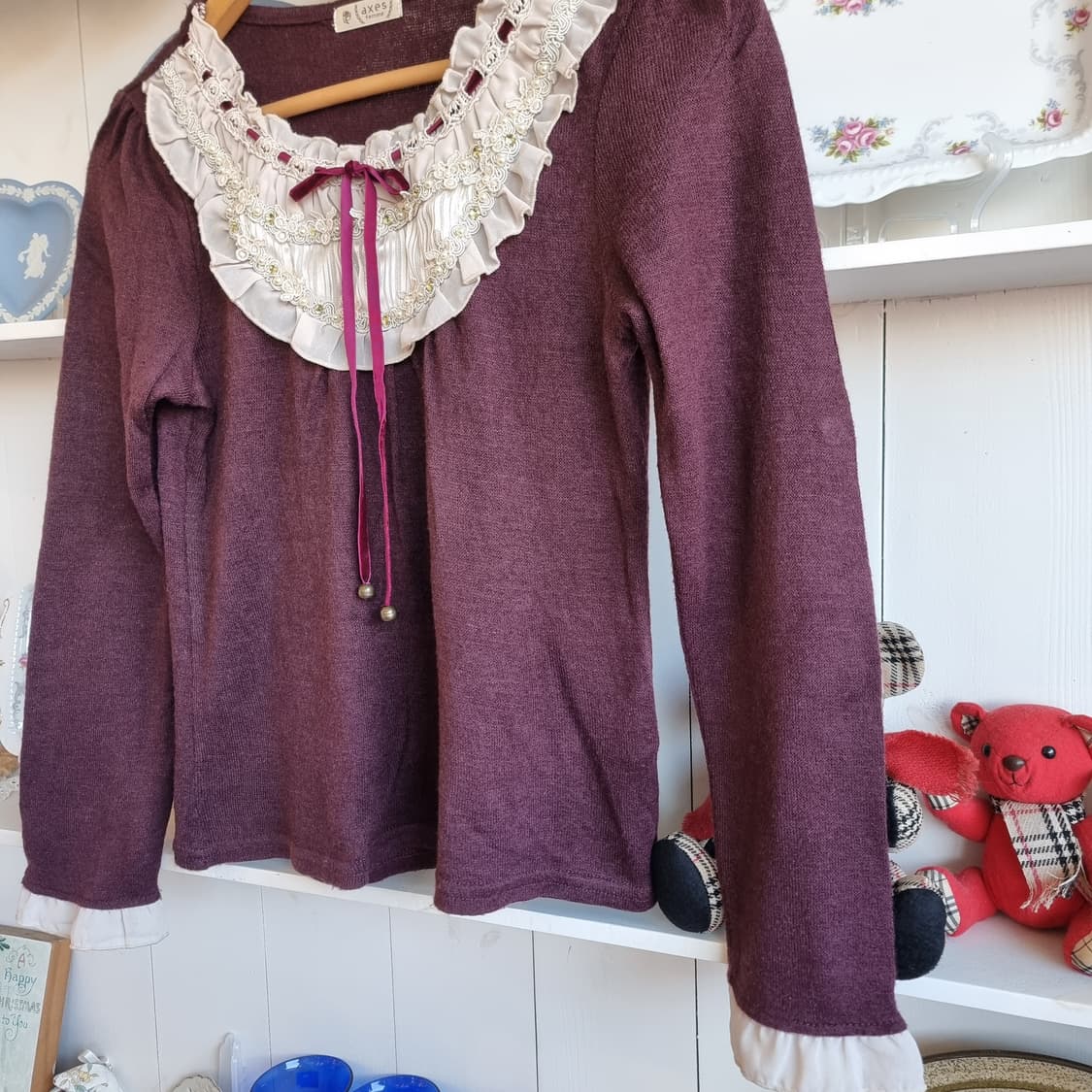 axes femme 레이스 프릴 벨벳 리본 니트 블라우스 상품이미지3