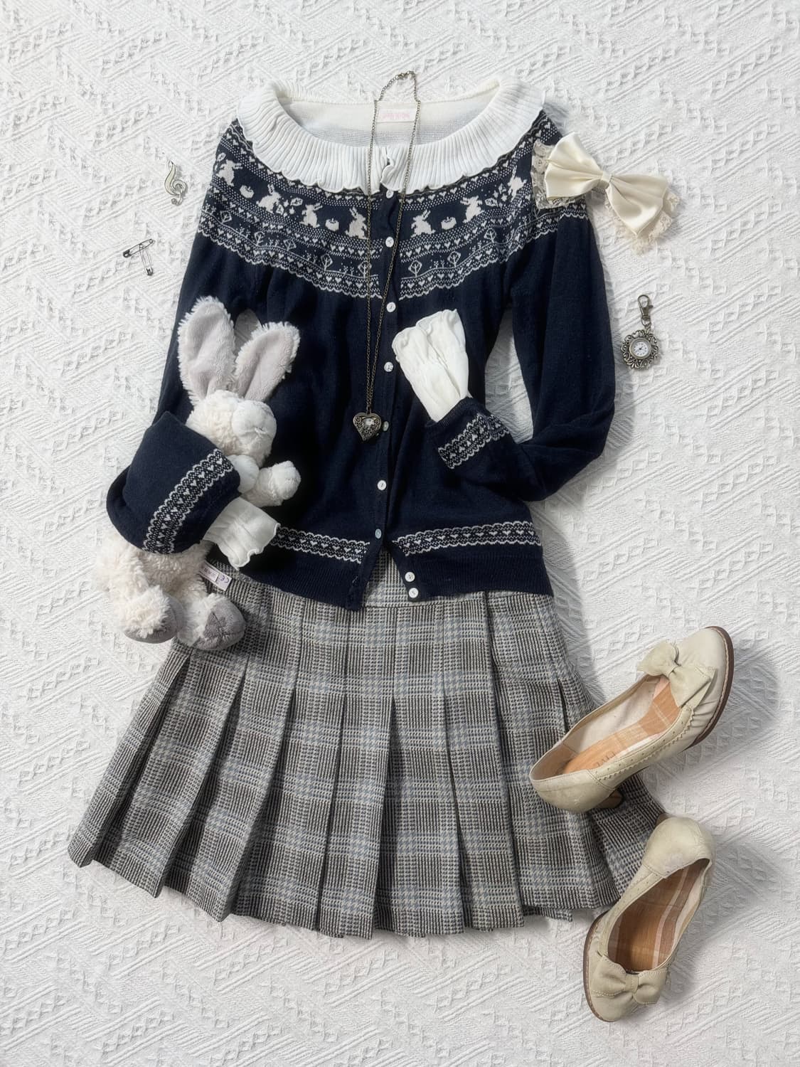 버니 노르딕 패턴 가디건 리즈리사 니트 울 스커트 3pcs SET 상품이미지1