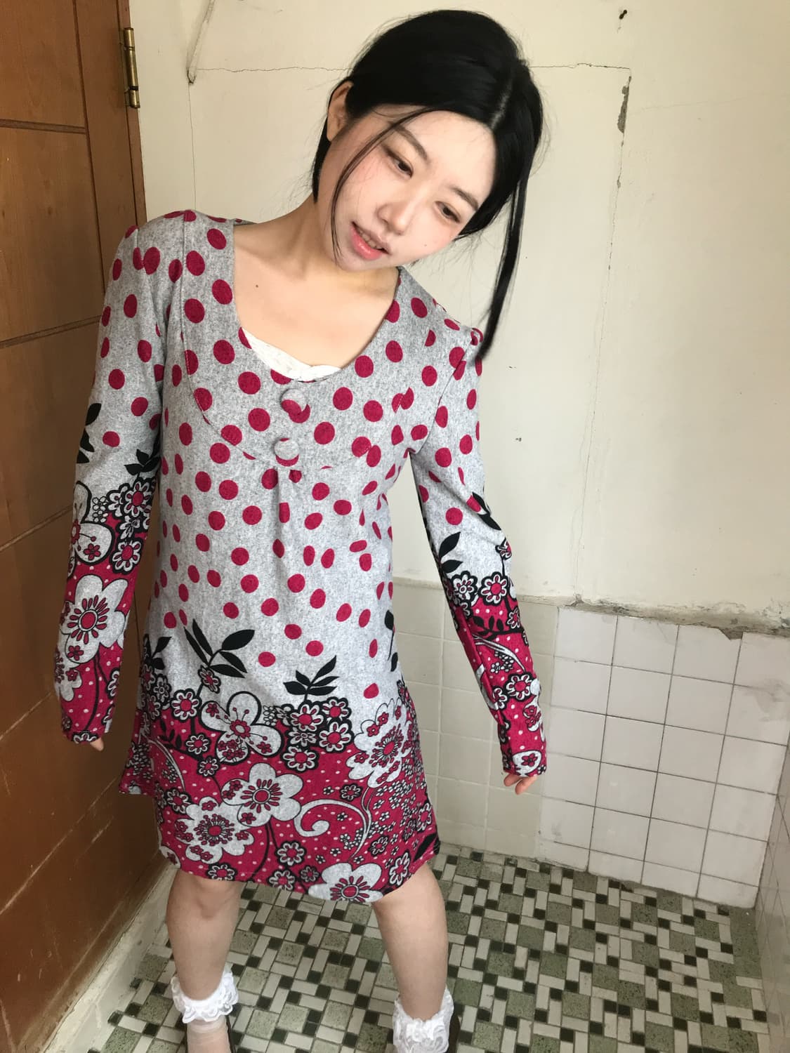 vintage dot flower button dress 상품이미지4