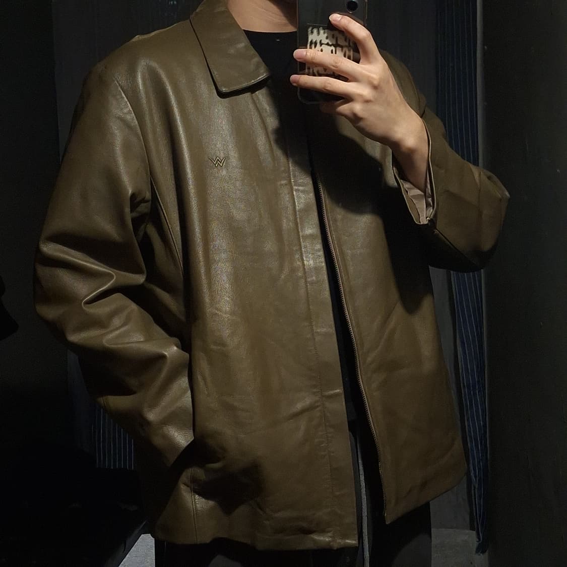 WINDY CLUB 카키 아메카지 심플 카라넥 양가죽 램스킨 가죽자켓 L 상품이미지2