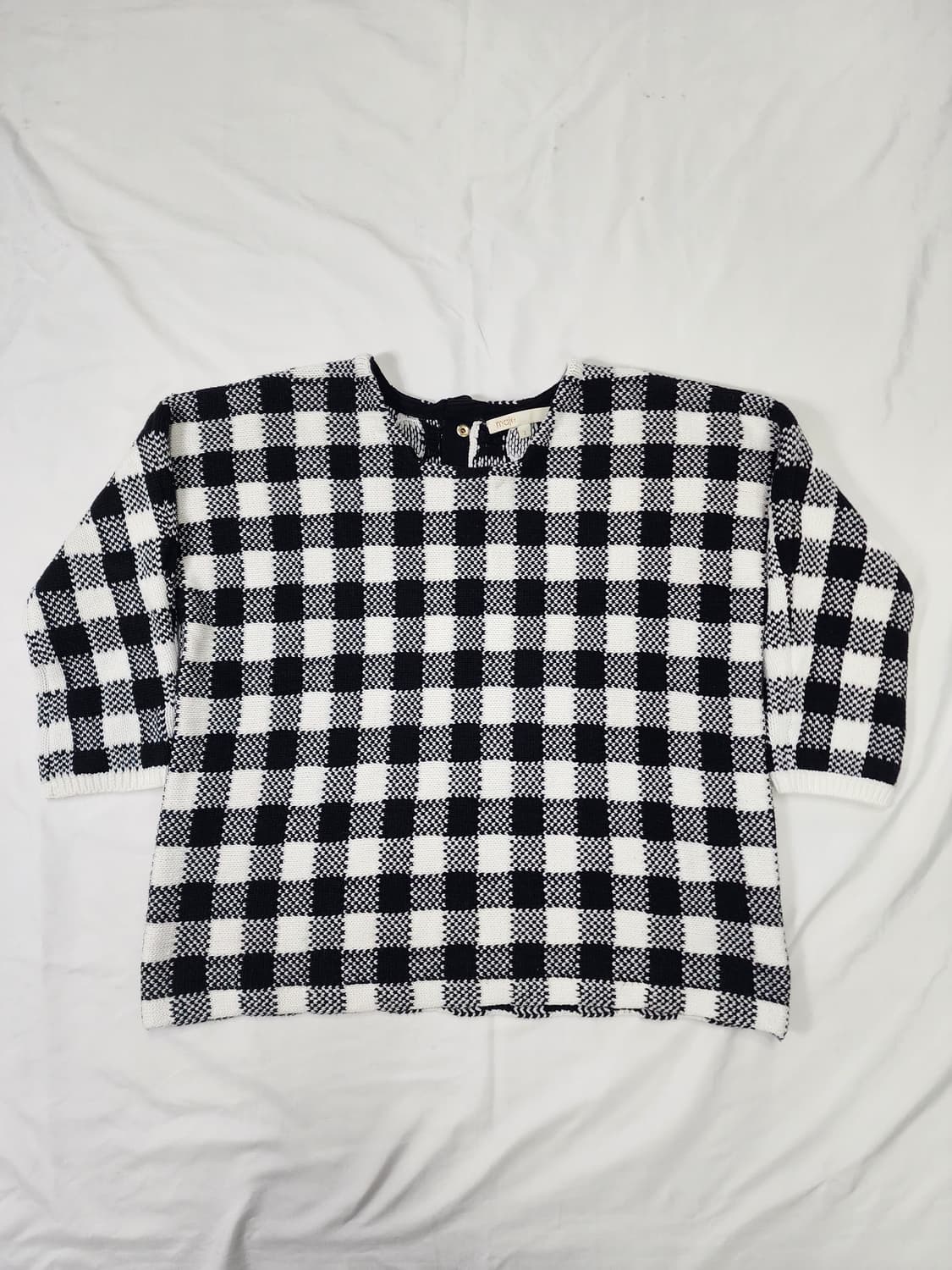 마쥬 블랙 화이트 체크 크롭 니트 반팔 상품이미지1