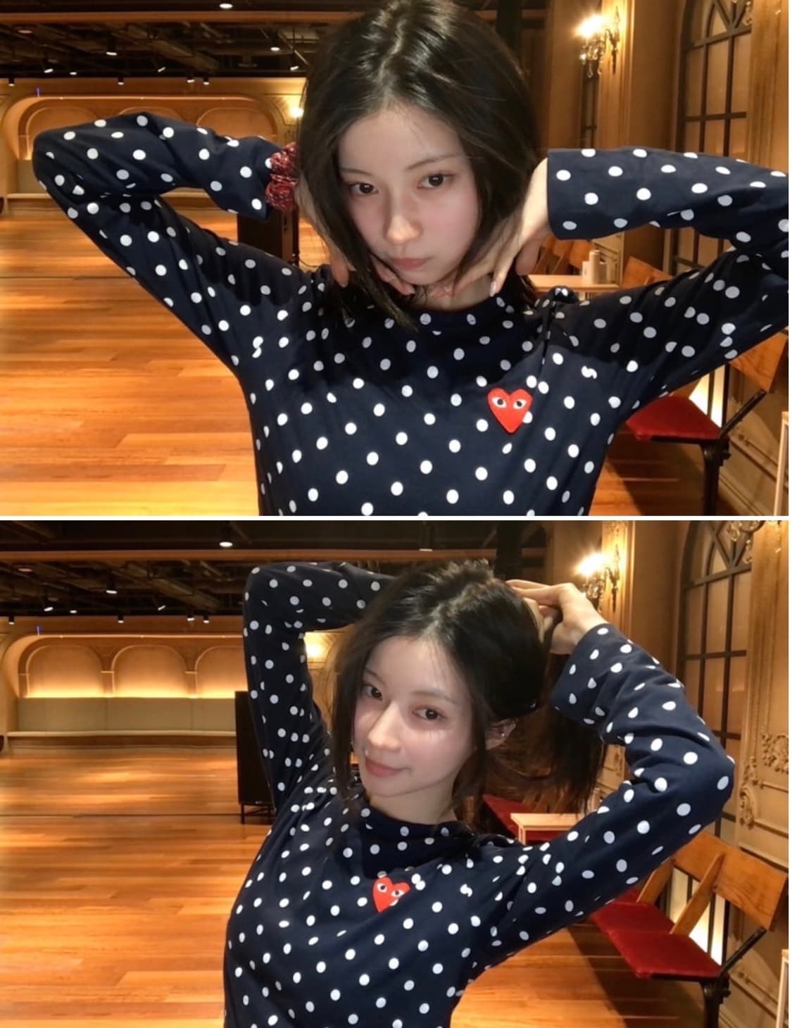 플레이 꼼데가르송 폴카 닷 레드 하트 롱슬리브 티셔츠 네이비 상품이미지2