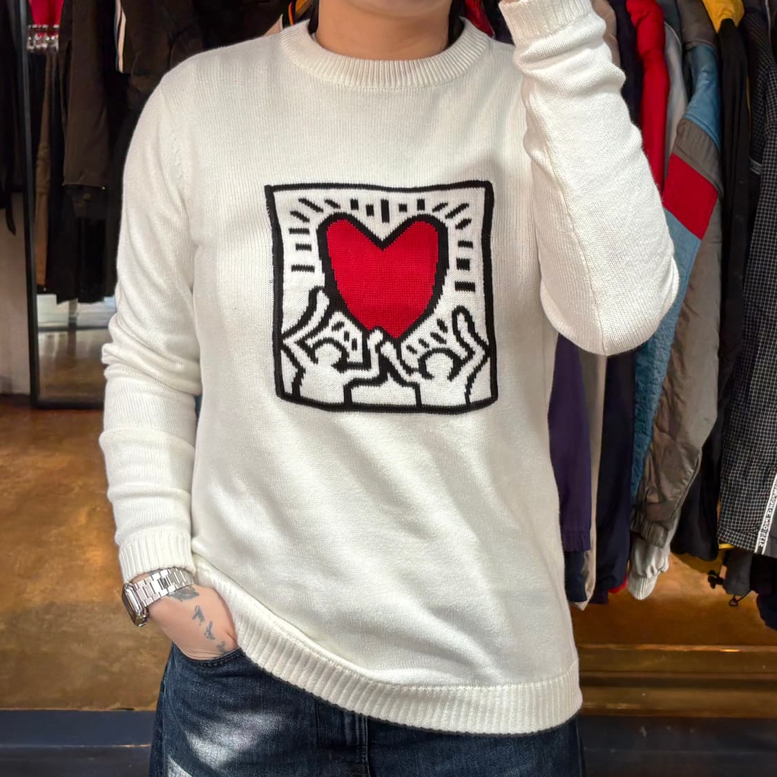 키스햄 키스해링 화이트 니트 상품이미지1