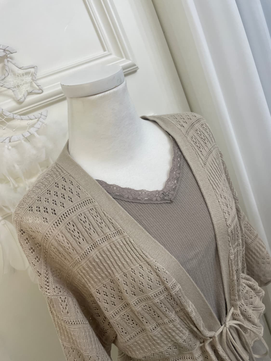 beige crochet cardigan&lace shirring sle 상품이미지6
