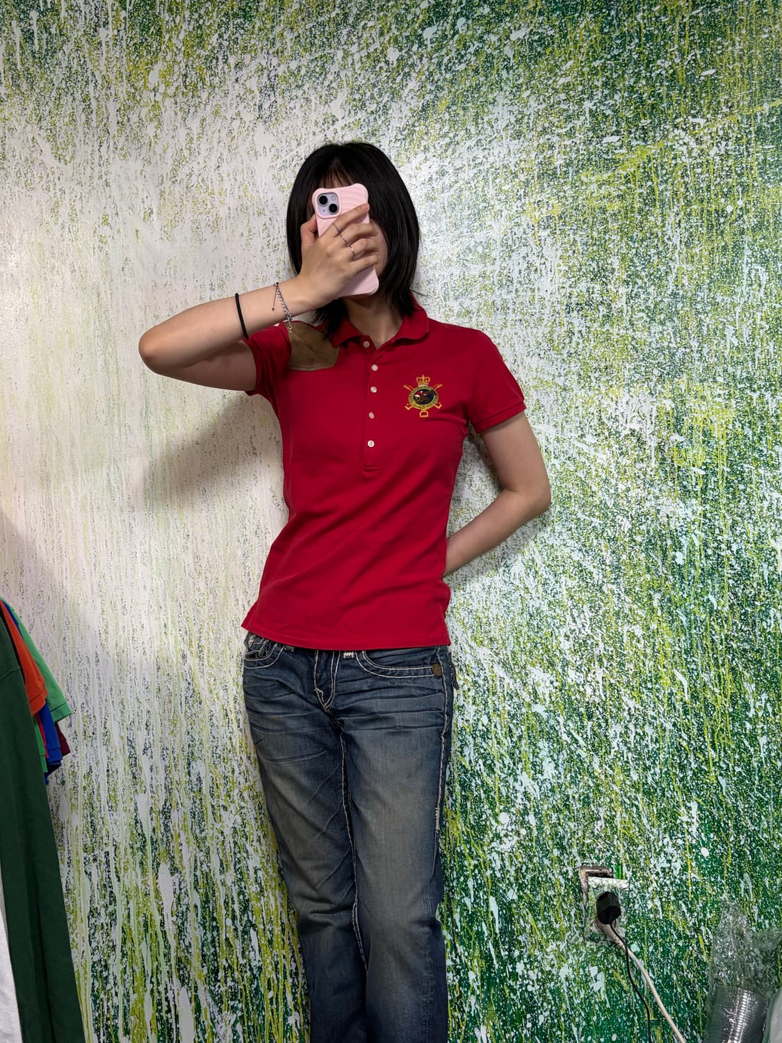 폴로 빅포니 치프키프 와펜 자수 로고 가죽패치 레드 카라 반팔 티셔츠 M 상품이미지3